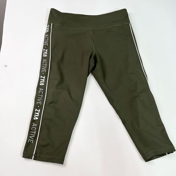 Zyia Active Leggings Womens 20 Khaki Green Logo Stripe Light 'N Tight High Rise - Picture 1 of 12
